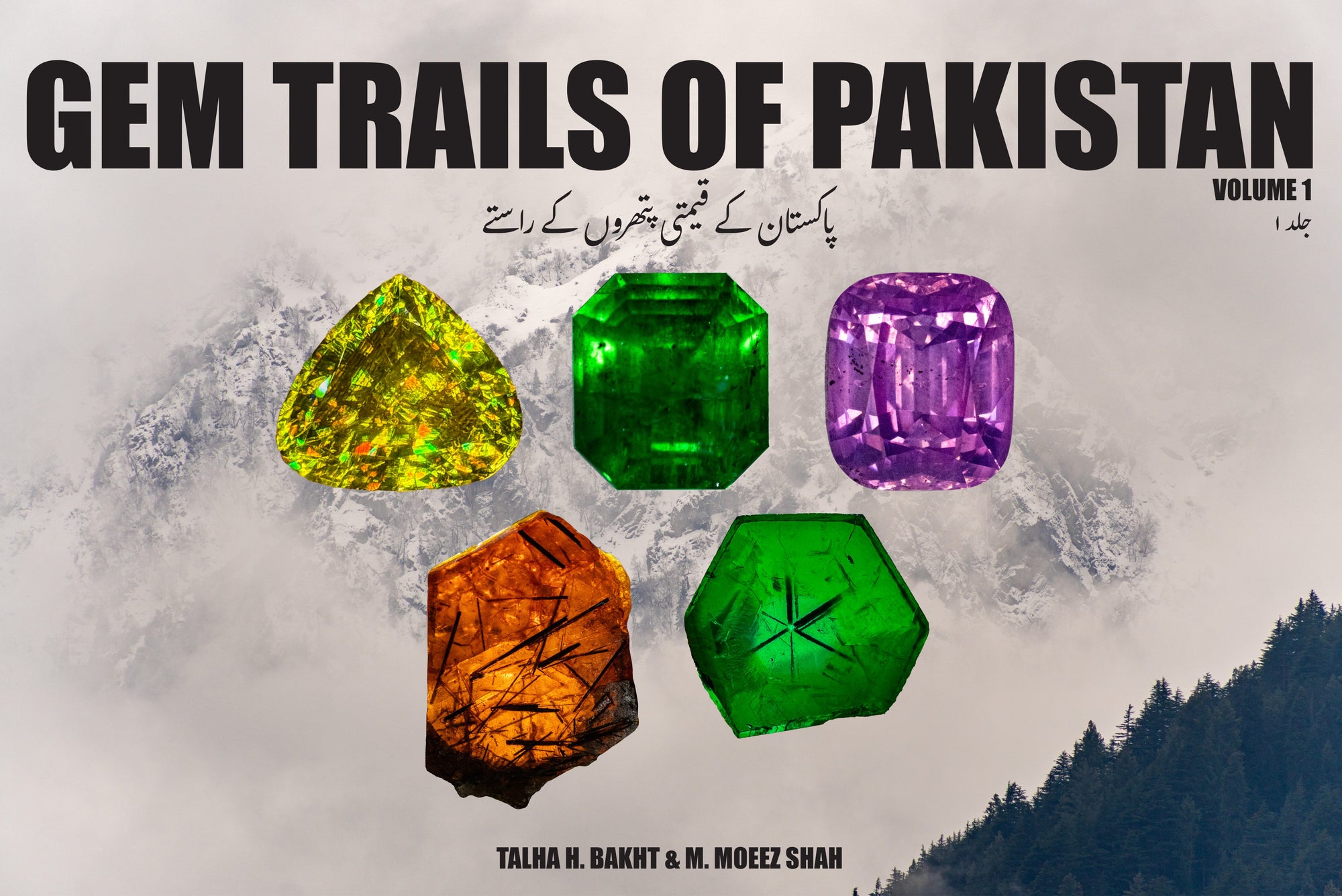 Book cover of 'Gem Trails of Pakistan' with colorful gemstones and mountain background