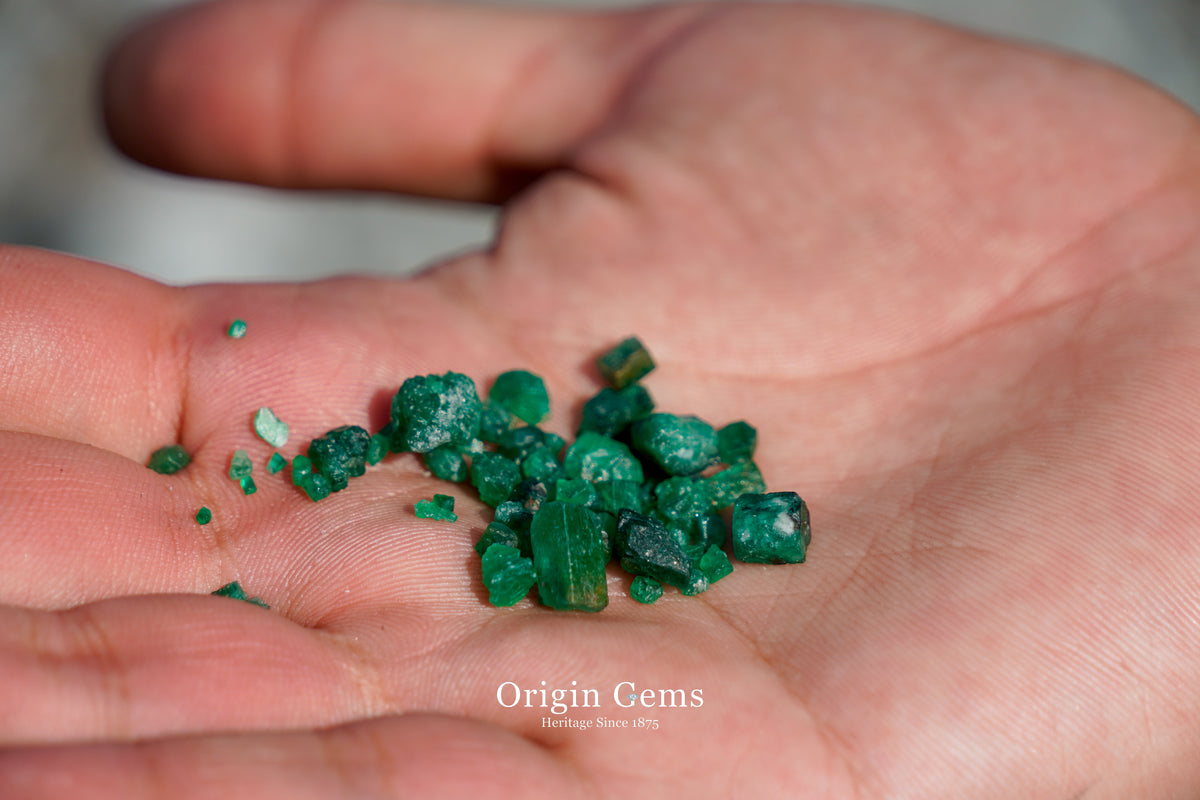 Some of the emeralds the locals have sifted through the mine debris. Note that the debris has already been mostly cleaned by the miners before. Anything left over is for the locals to keep. Sometimes, good quality emeralds have been missed by the miners, and one can find a bargain deal from these local people. 