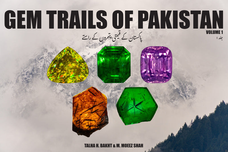 Book cover of 'Gem Trails of Pakistan' with colorful gemstones and mountain background