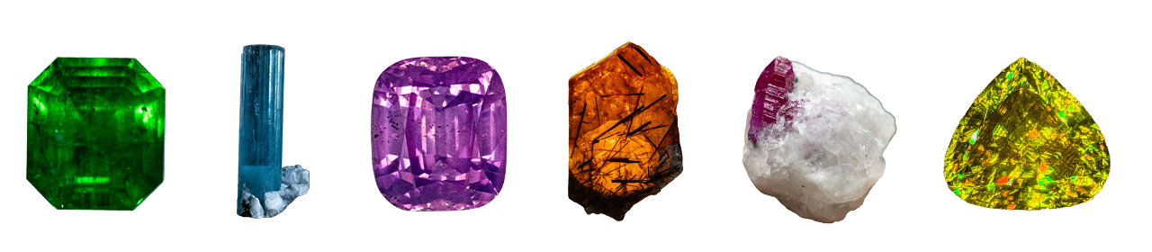 loose row of natural gemstones including emerald from Swat Mingora, aquamarine from Shigar valley, Kashmir Besal Batakundi purple sapphire, bastnasite from Zagi, Ruby from Jegdalek, Sphene from Pakistan. 
